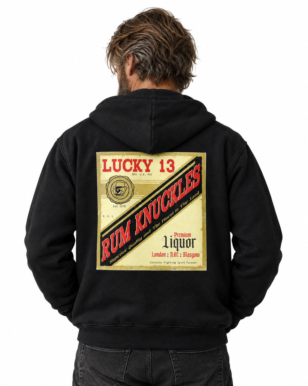 RUM KNUCKLES LIQUOR LABEL Zip Hoodie - Black - model back