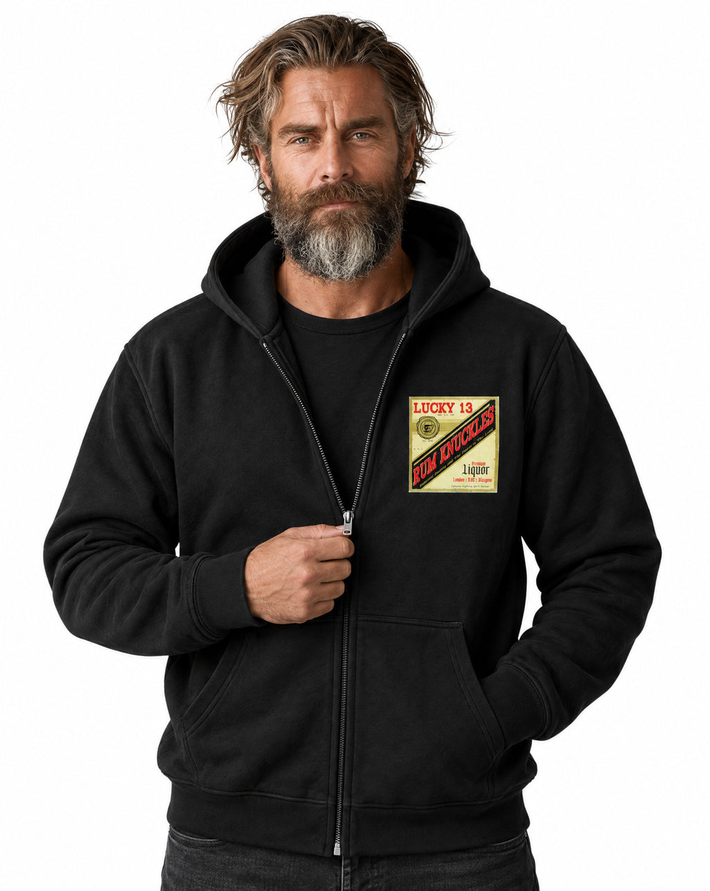 RUM KNUCKLES LIQUOR LABEL Zip Hoodie - Black - model front