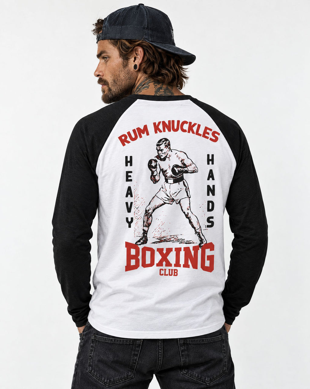 RUM KNUCKLES HEAVY HANDS Baseball Tee - White/Black - model back