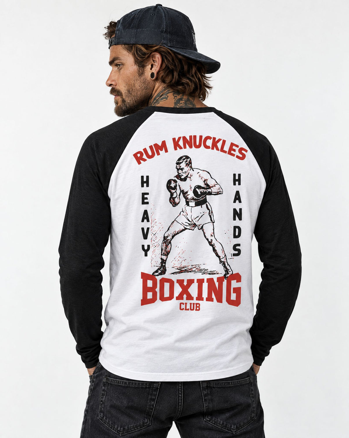 RUM KNUCKLES HEAVY HANDS Baseball Tee - White/Black - model back