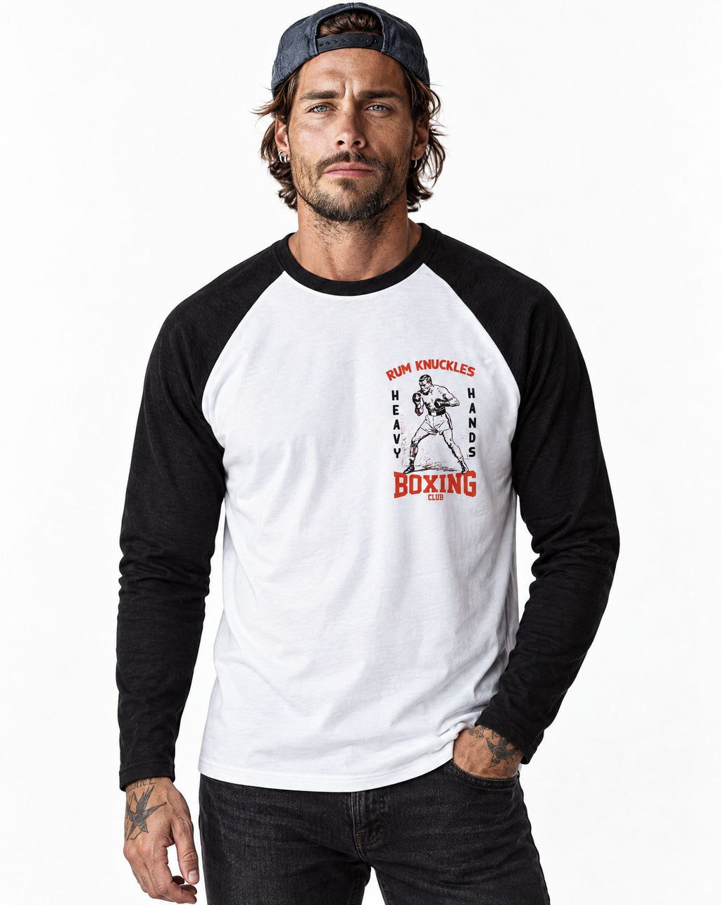 RUM KNUCKLES HEAVY HANDS Baseball Tee - White/Black - model front
