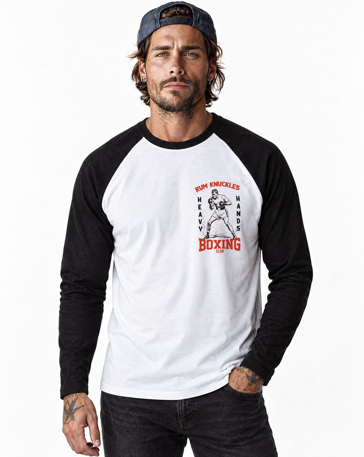RUM KNUCKLES HEAVY HANDS Baseball Tee - White/Black - model front