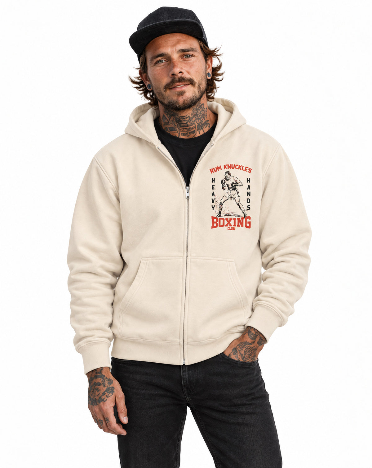 RUM KNUCKLES HEAVY HANDS Zip Hoodie - Ecru - model front