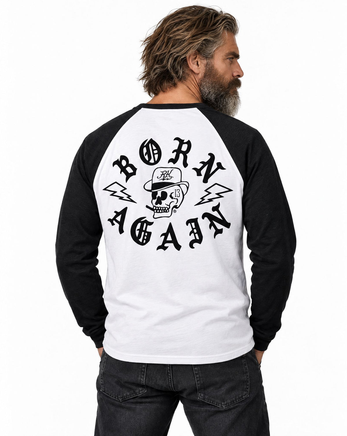 RUM KNUCKLES RK BORN AGAIN Baseball Tee - White/Black - model back