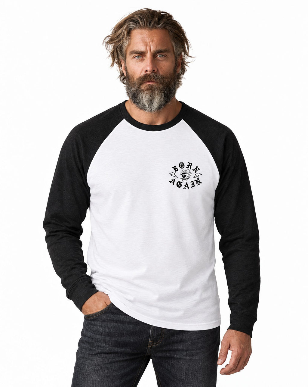RUM KNUCKLES RK BORN AGAIN Baseball Tee - White/Black - model front