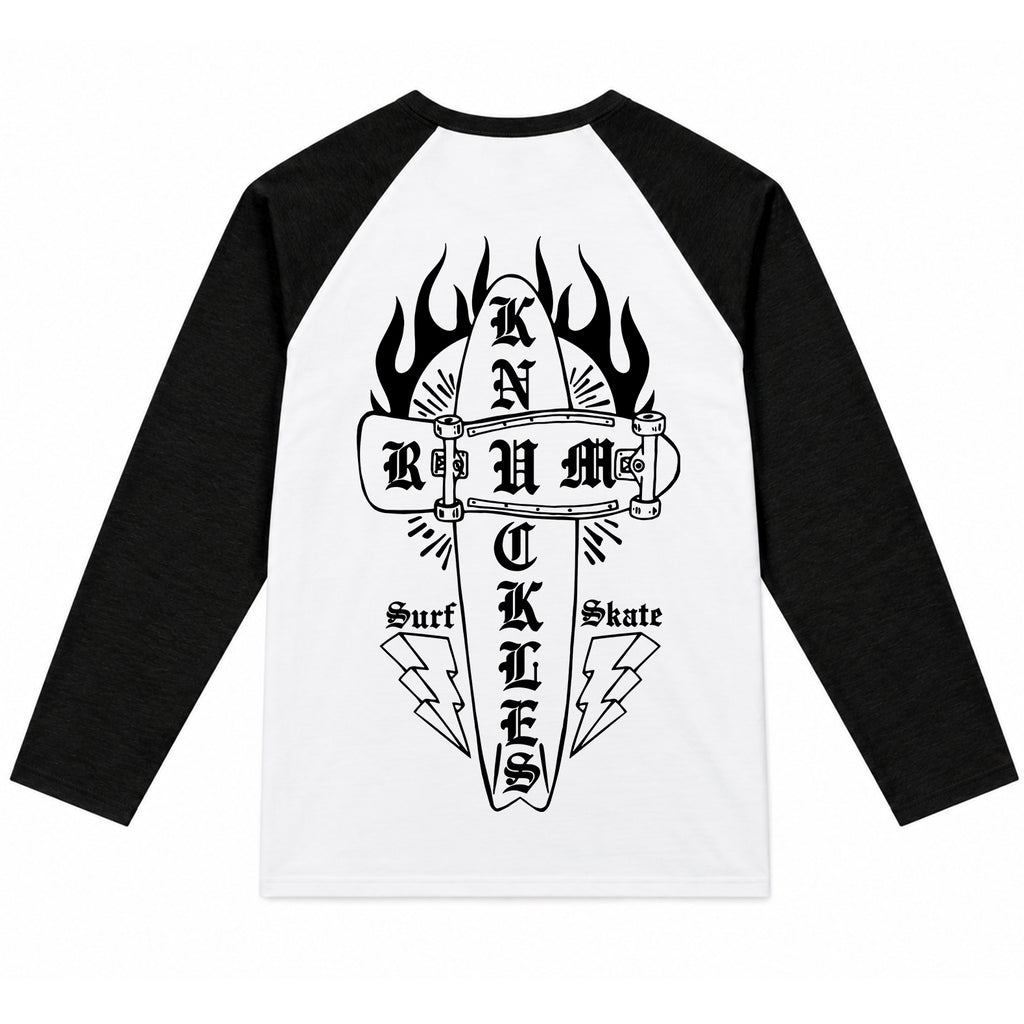 RUM KNUCKLES SKATE RATS Baseball Tee - White/Black - back