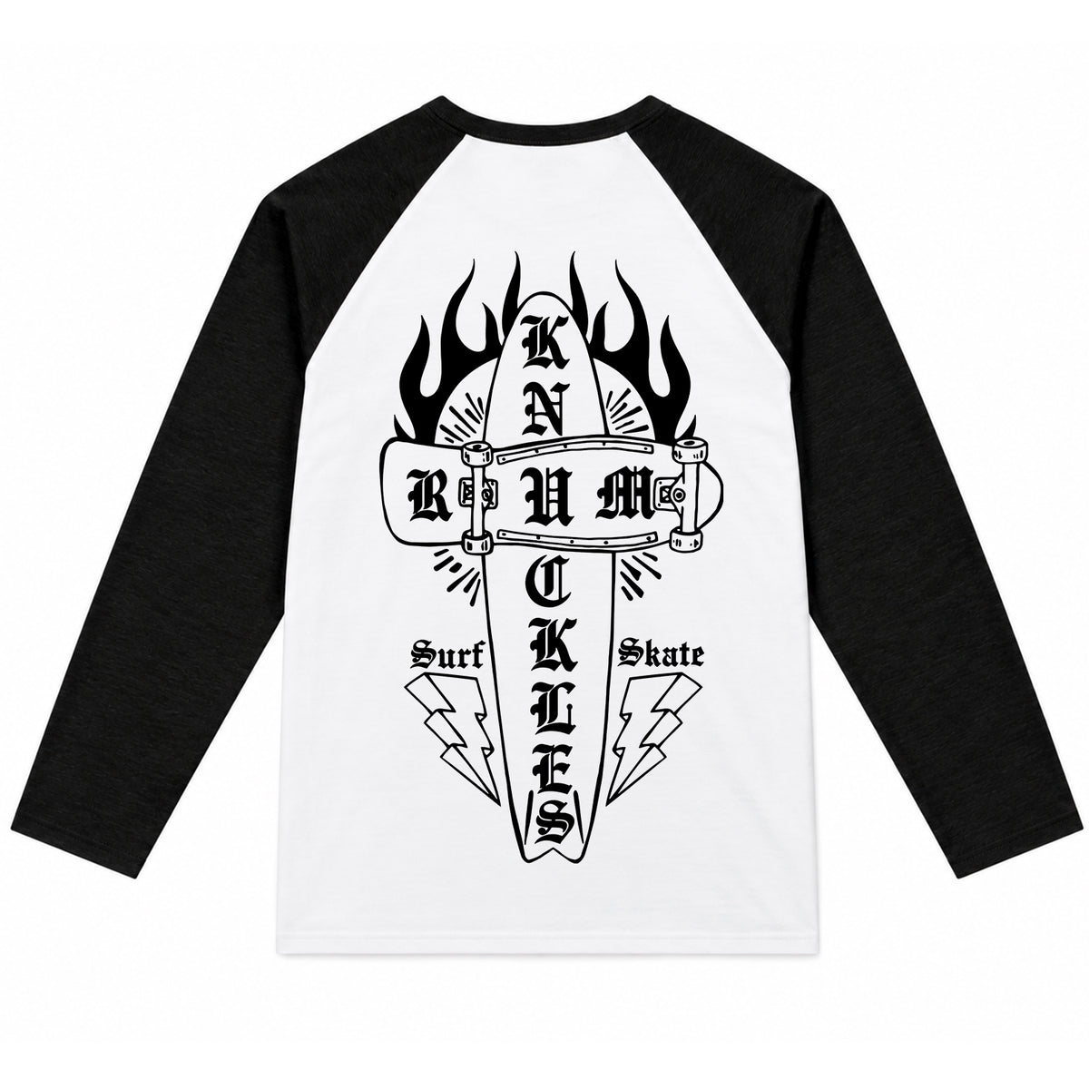 RUM KNUCKLES SKATE RATS Baseball Tee - White/Black - back