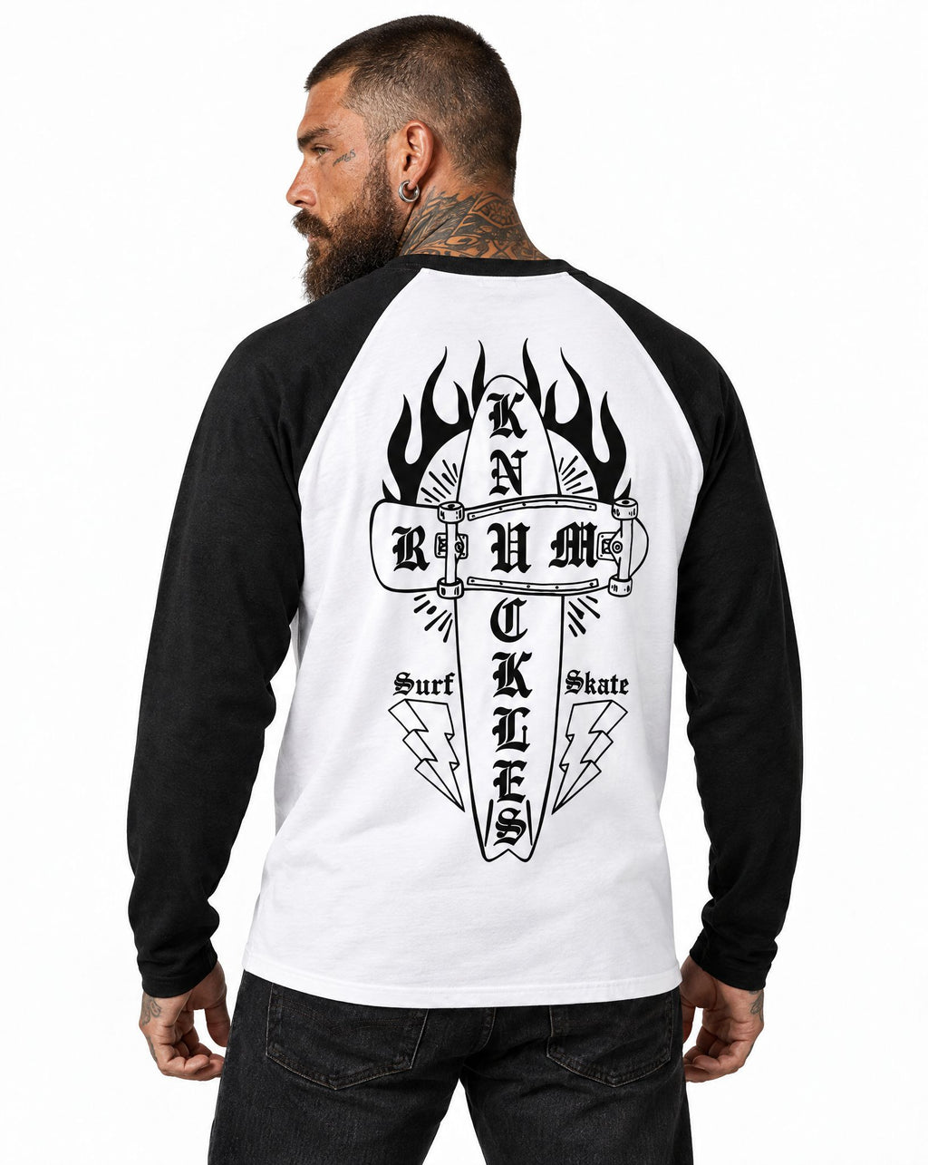 RUM KNUCKLES SKATE RATS Baseball Tee - White/Black - model back