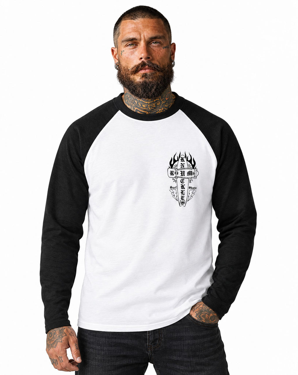 RUM KNUCKLES SKATE RATS Baseball Tee - White/Black - model front