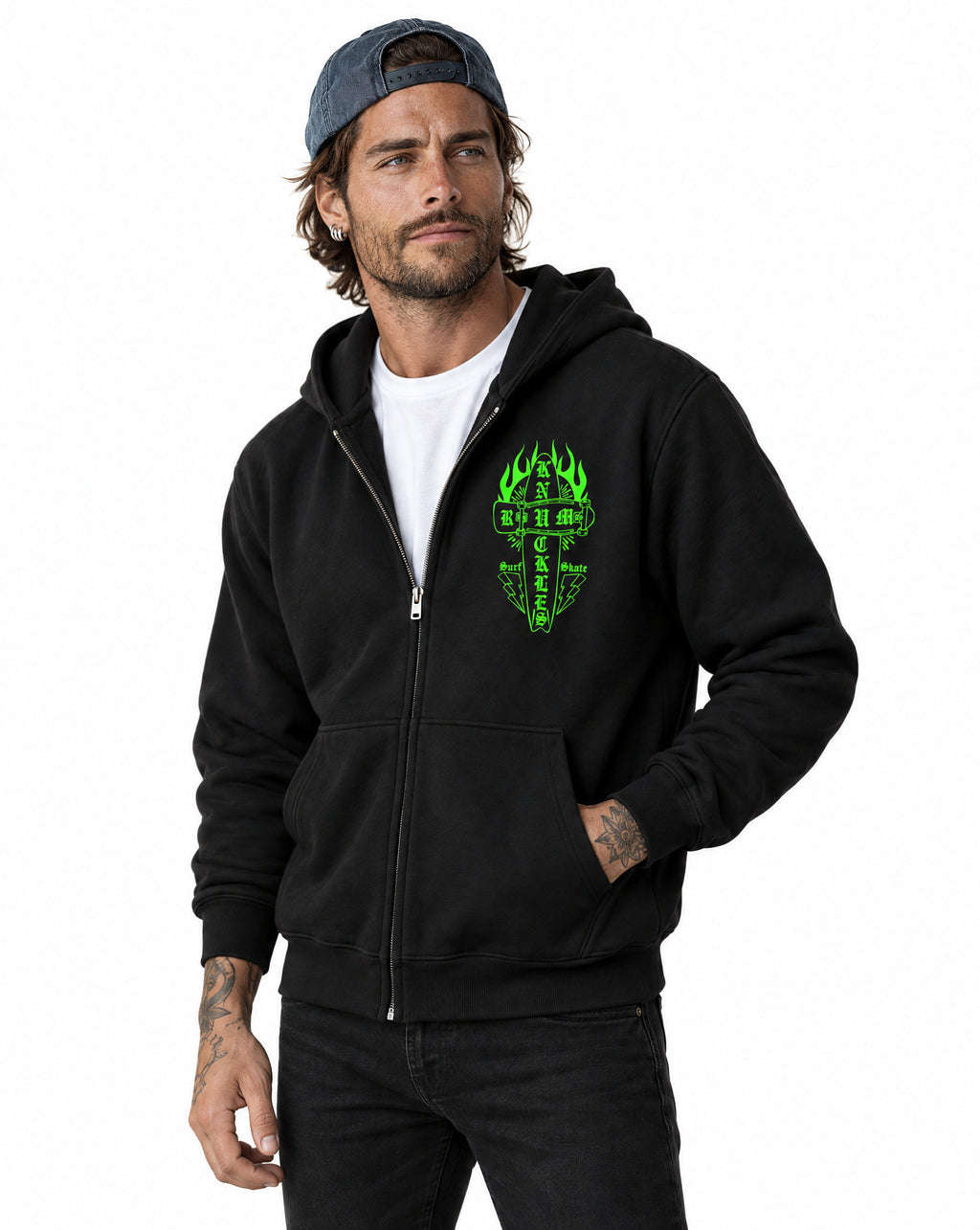 RUM KNUCKLES SKATE RATS Zip Hoodie - Black - model front