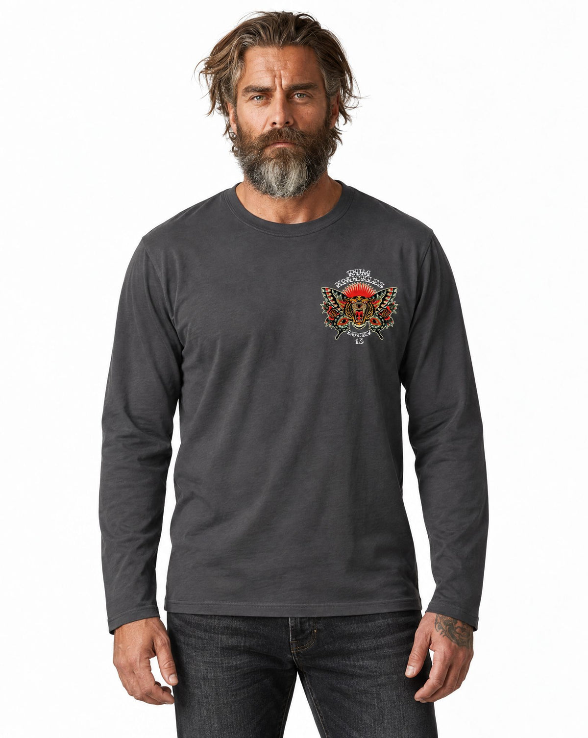 RUM KNUCKLES BUTTERFLY TIGER Long Sleeve Tee - Charcoal - model front