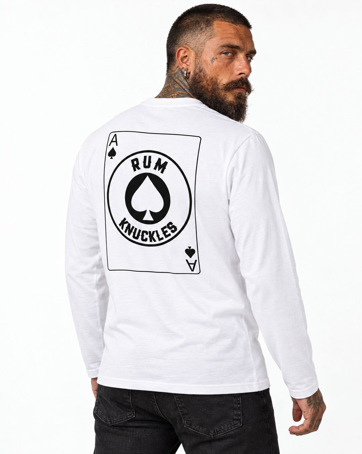 RUM KNUCKLES ACE OF SPADES Long Sleeve Tee - White - model back