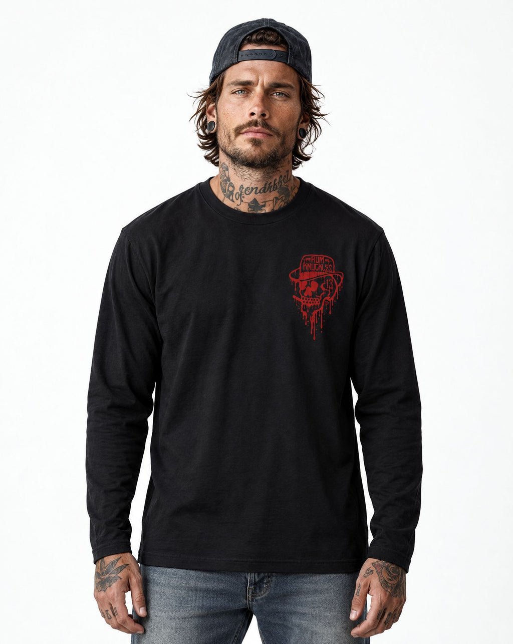 RUM KNUCKLES RK DRIP SKULL RED Long Sleeve Tee - model front
