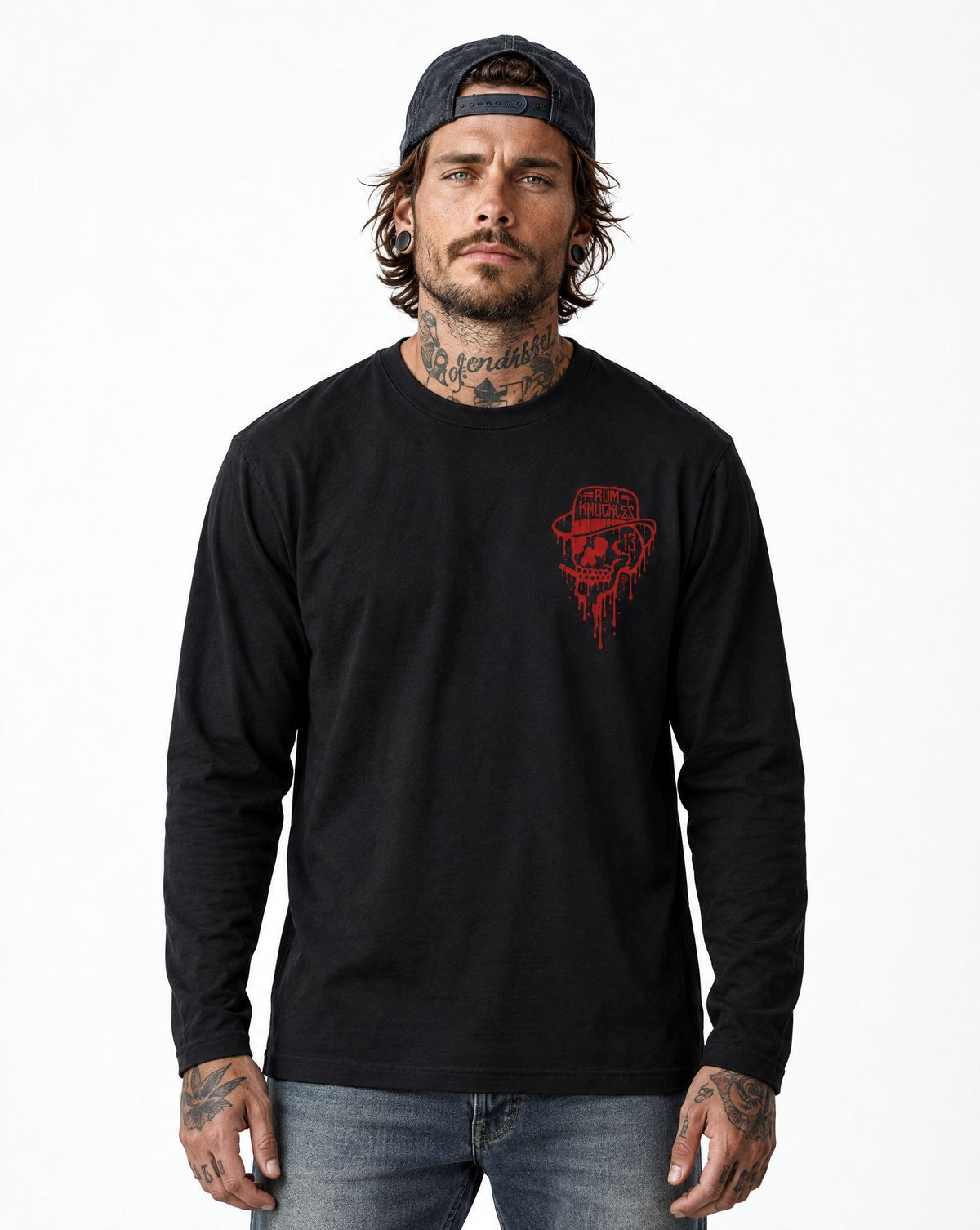 RUM KNUCKLES RK DRIP SKULL RED Long Sleeve Tee - model front