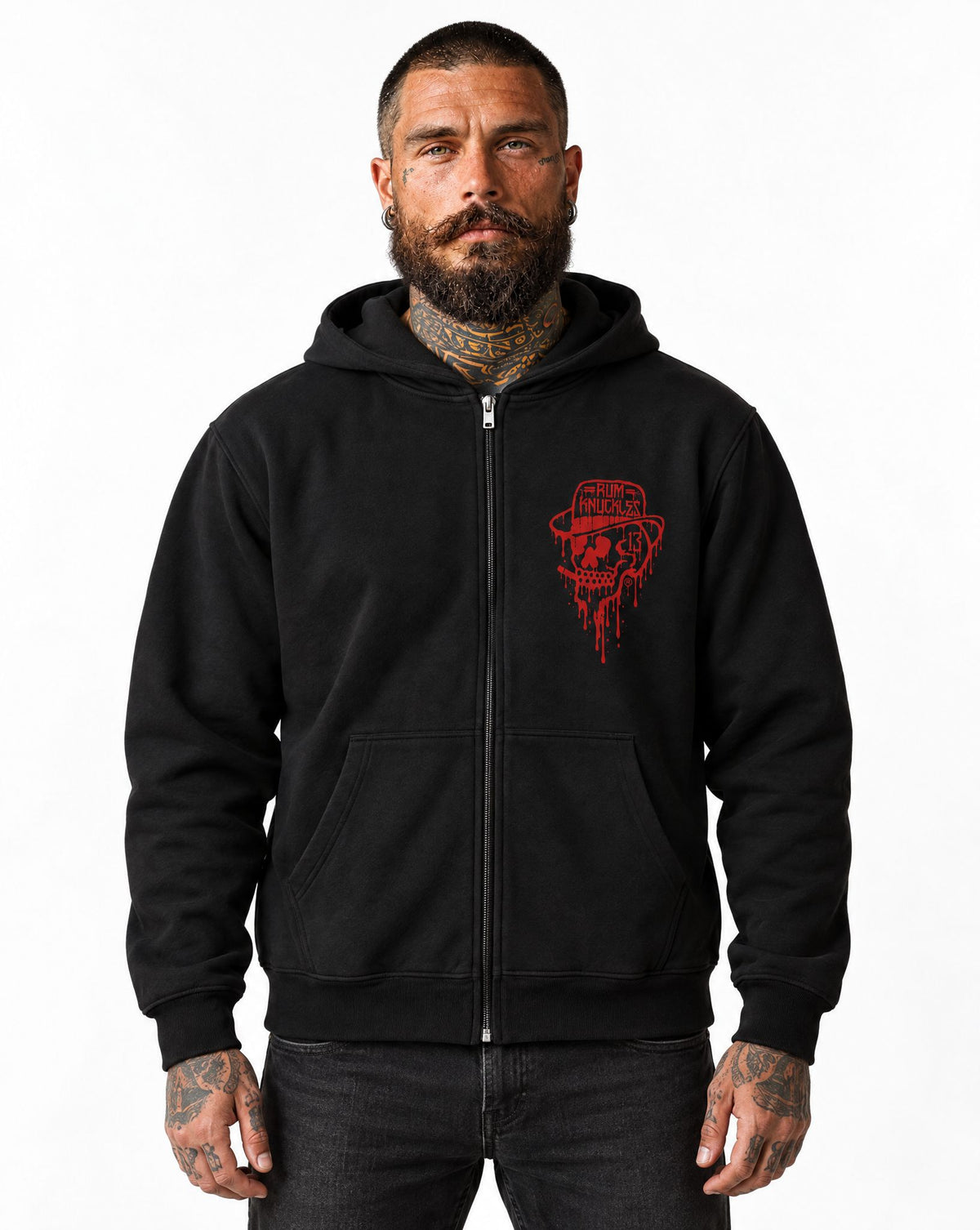 RUM KNUCKLES RK DRIP SKULL RED Zip Hoodie - model front
