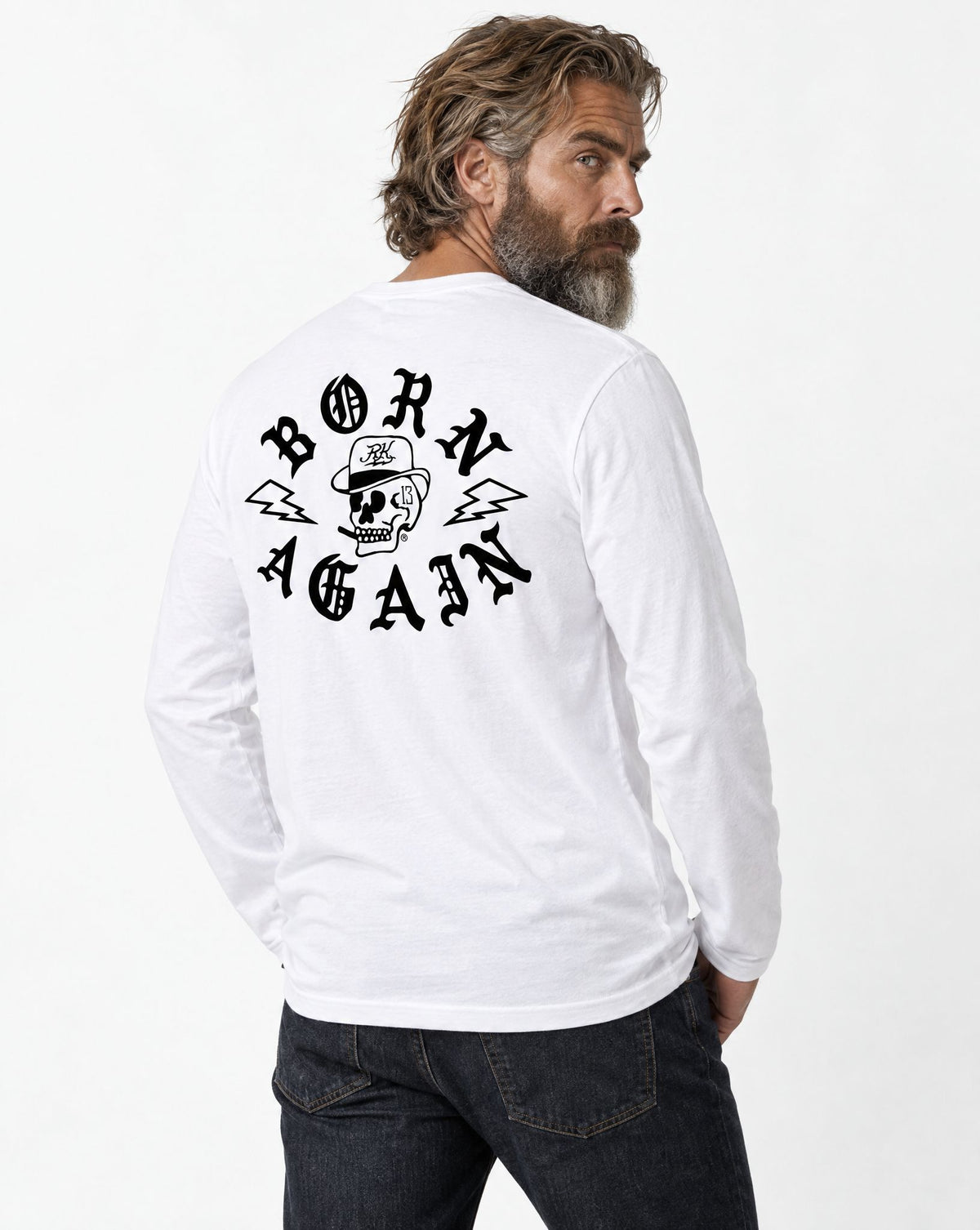 RUM KNUCKLES RK BORN AGAIN Long Sleeve Tee - White - model back