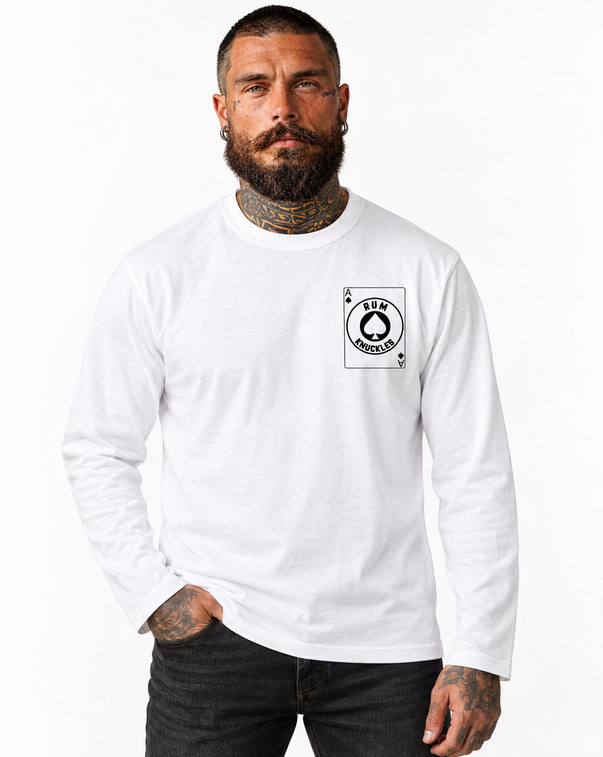 RUM KNUCKLES ACE OF SPADES Long Sleeve Tee - White - model front
