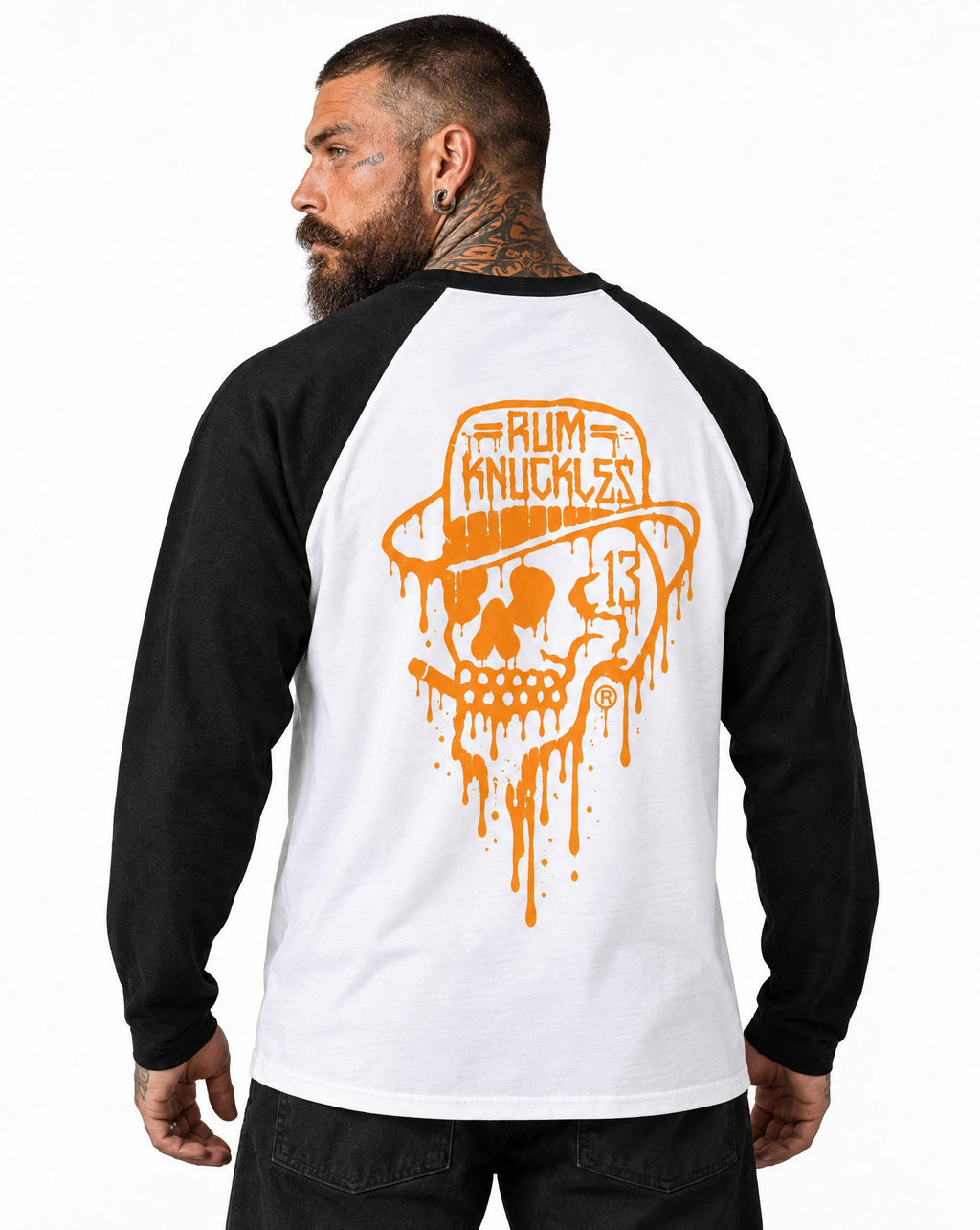 RUM KNUCKLES RK DRIP SKULL ORANGE Baseball Tee - model back