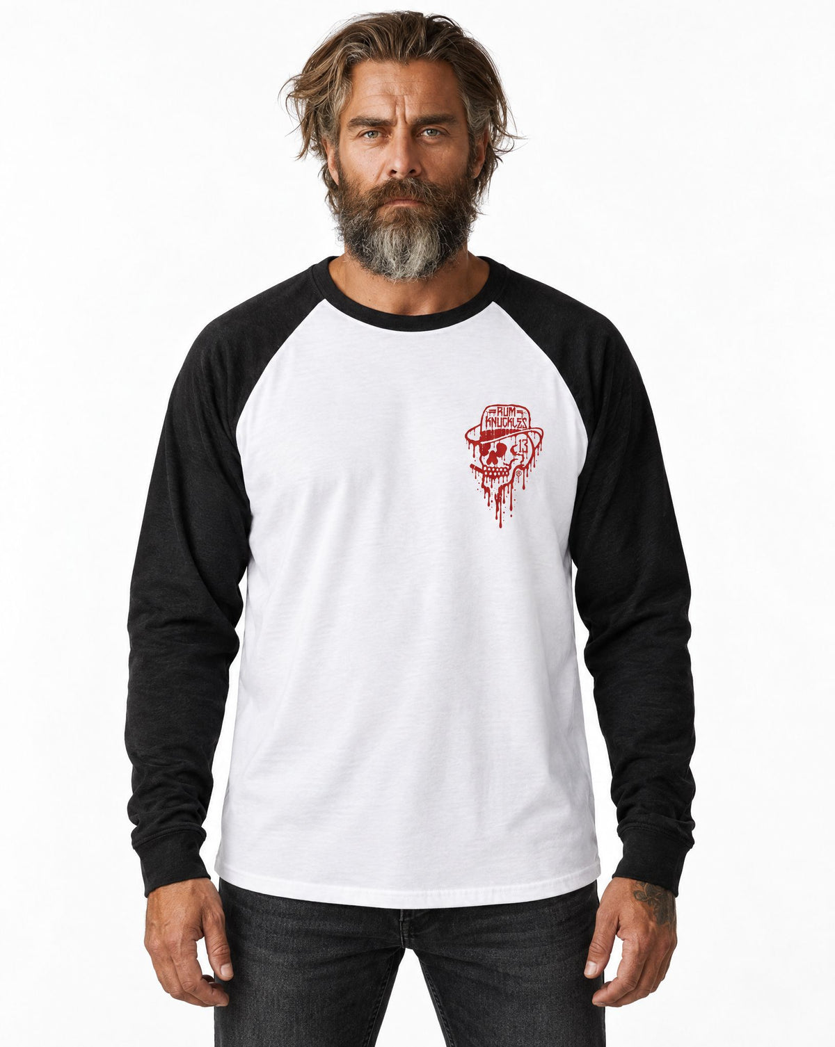 RUM KNUCKLES RK DRIP SKULL RED Baseball Tee - model front