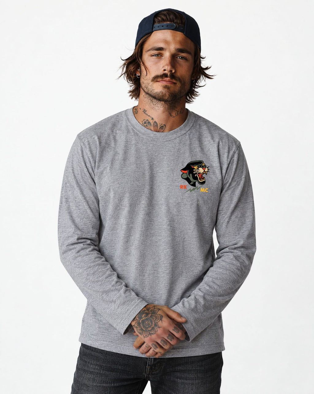 RUM KNUCKLES PANTHER MC Long Sleeve Tee - Heather Grey - model front