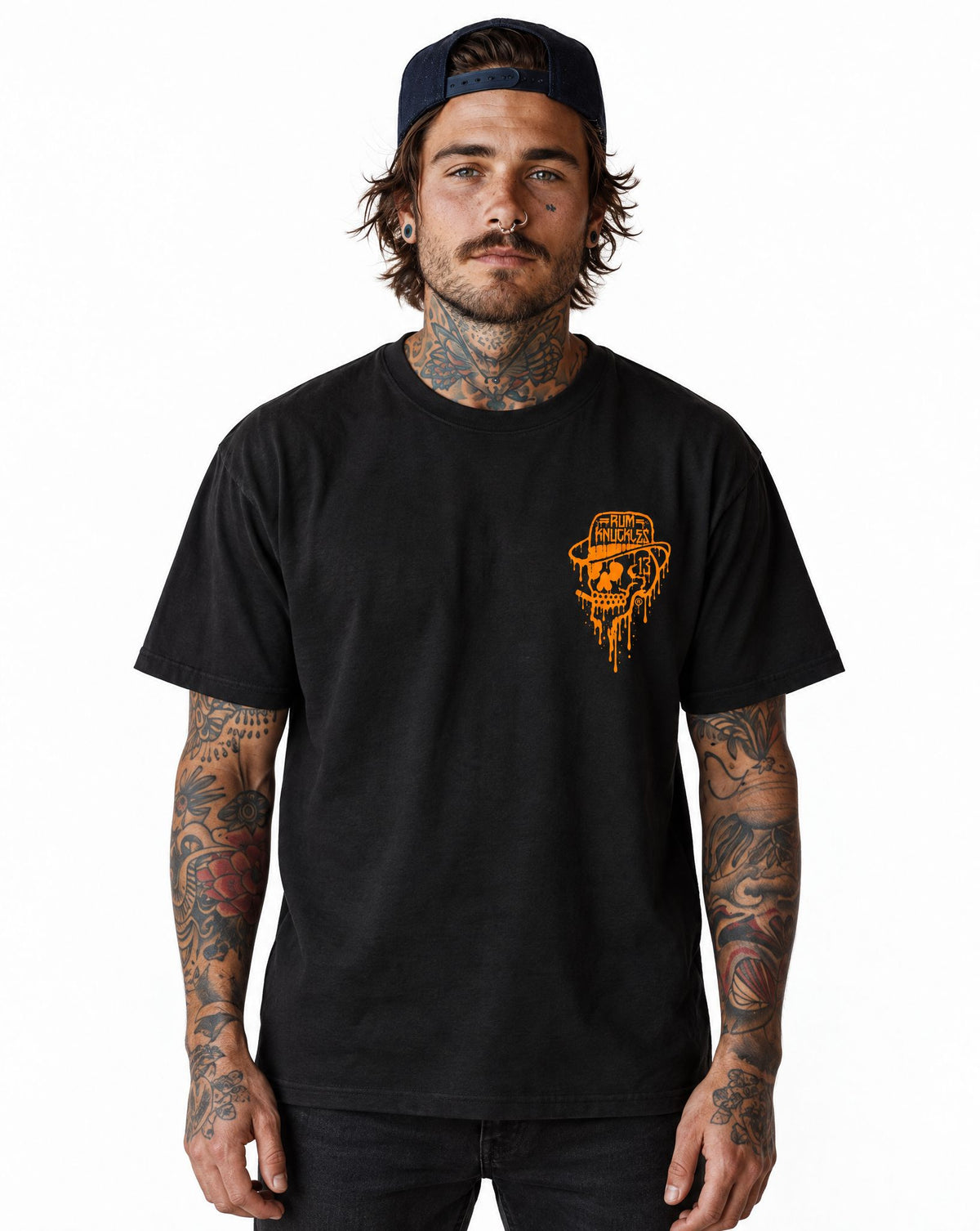 RUM KNUCKLES RK DRIP SKULL ORANGE T-Shirt - model front