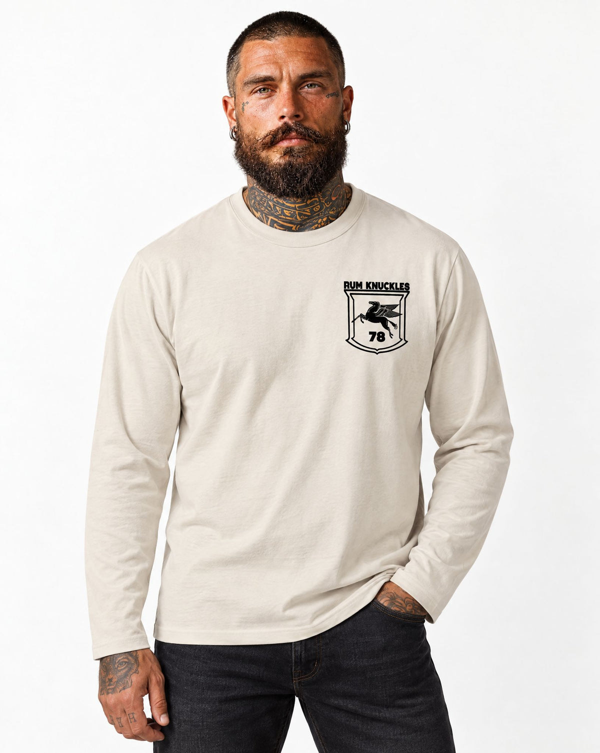 RUM KNUCKLES FLYING HORSE Long Sleeve Tee - Ecru - model front