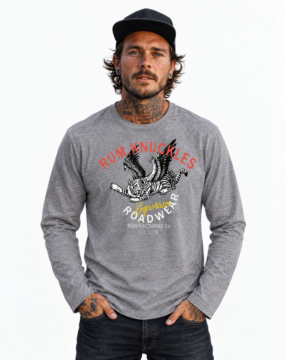 RUM KNUCKLES FLYING TIGER Long Sleeve Tee - Heather Grey - model front