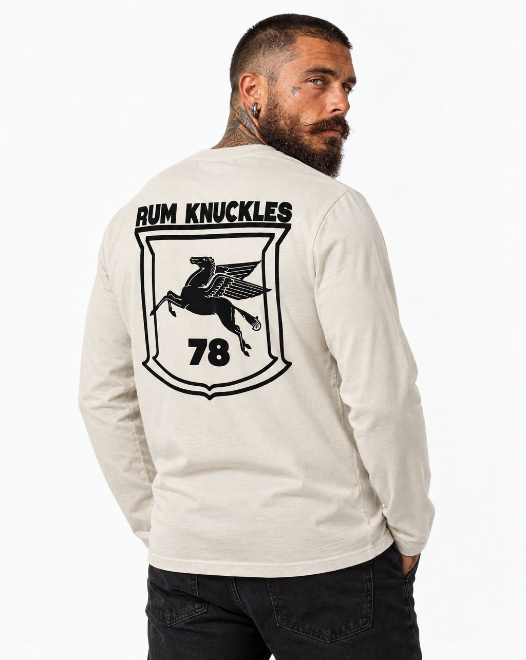 RUM KNUCKLES FLYING HORSE Long Sleeve Tee - Ecru - model back
