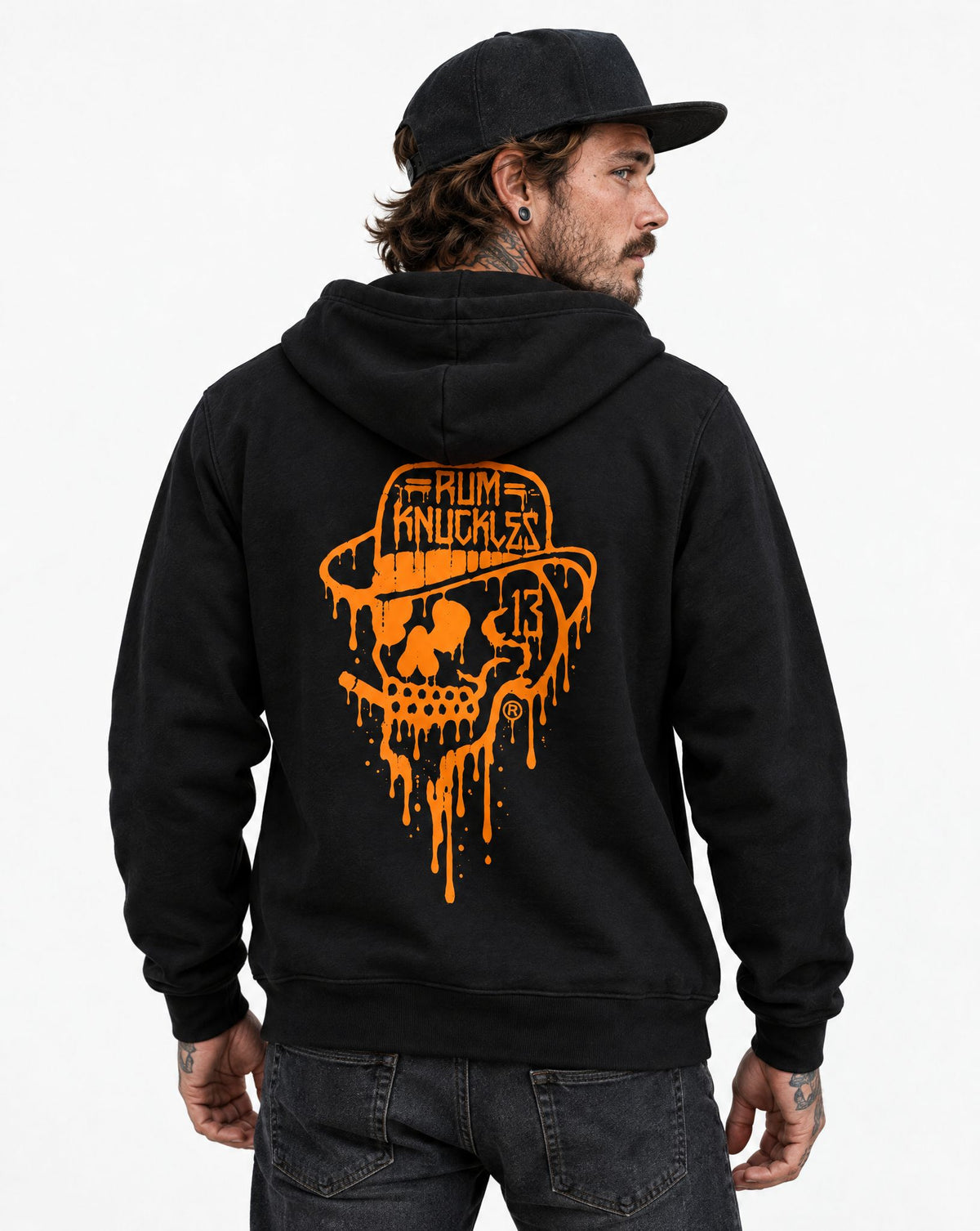 RUM KNUCKLES RK DRIP SKULL ORANGE Zip Hoodie - model back