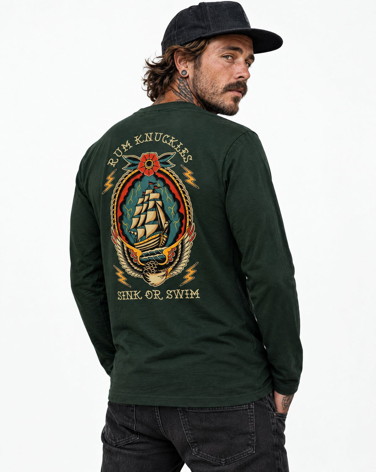 RUM KNUCKLES RK SINK OR SWIM Long Sleeve Tee - Forest Green - model back