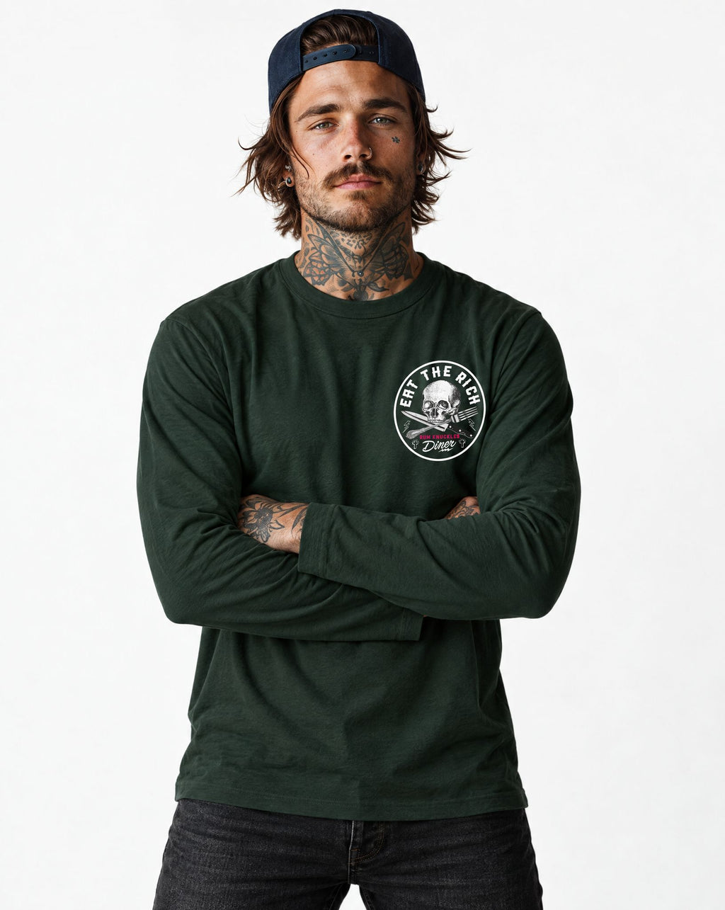 RUM KNUCKLES EAT THE RICH Long Sleeve Tee - Forest Green - model front