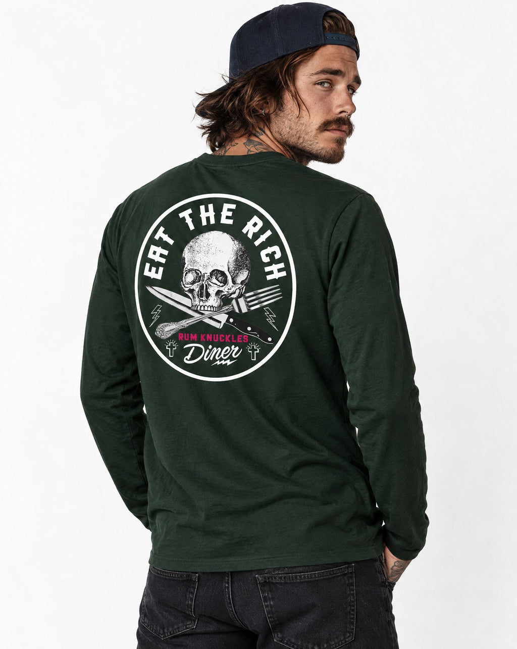 RUM KNUCKLES EAT THE RICH Long Sleeve Tee - Forest Green - model back