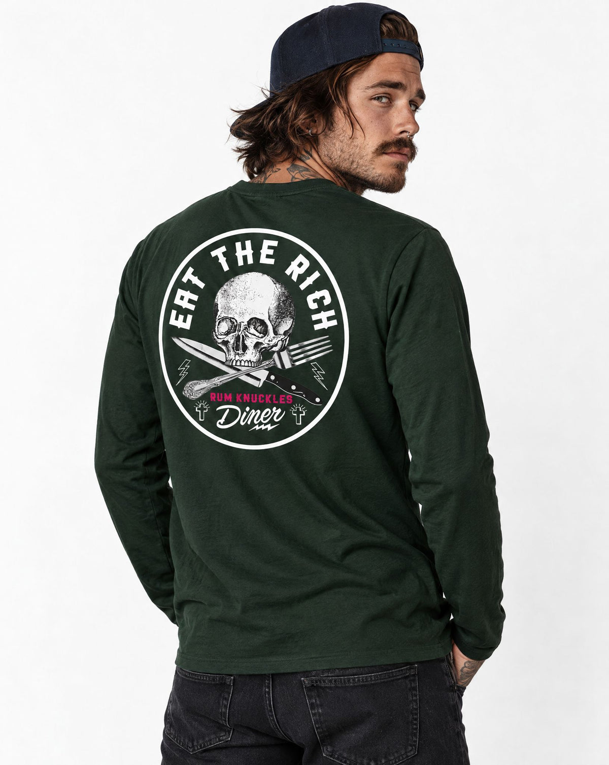 RUM KNUCKLES EAT THE RICH Long Sleeve Tee - Forest Green - model back
