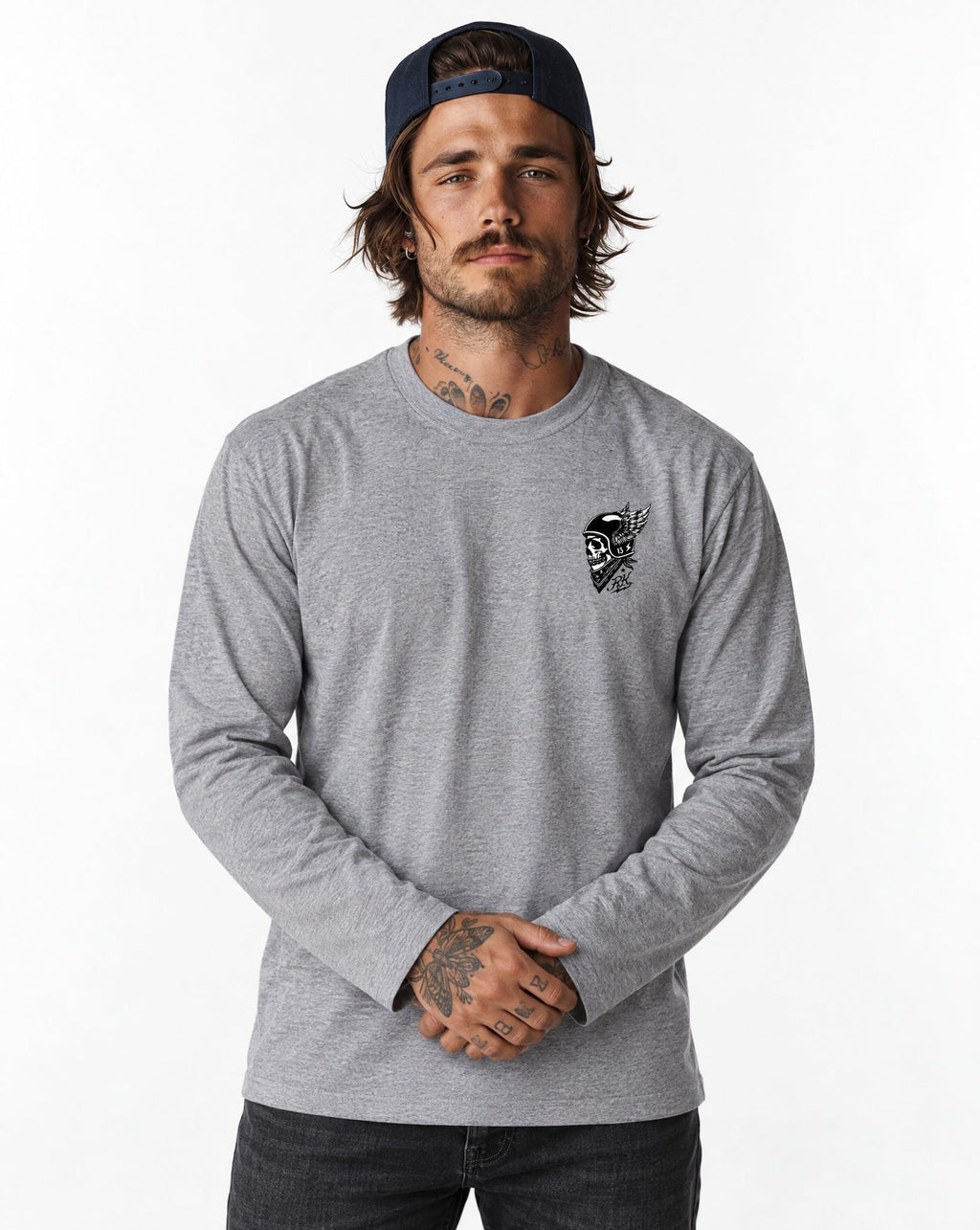 RUM KNUCKLES WINGED BIKER Long Sleeve Tee - Heather Grey - model front
