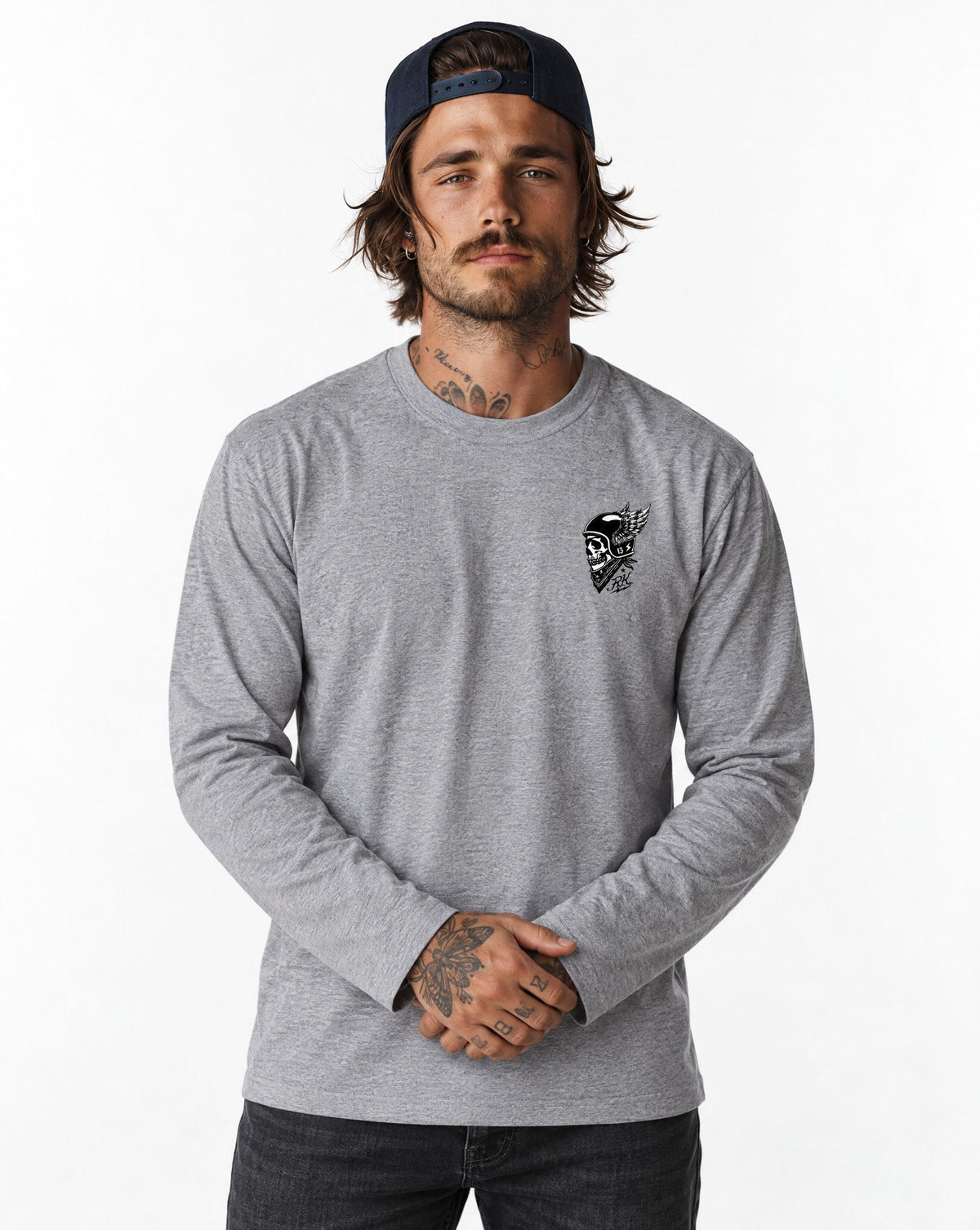 RUM KNUCKLES WINGED BIKER Long Sleeve Tee - Heather Grey - model front