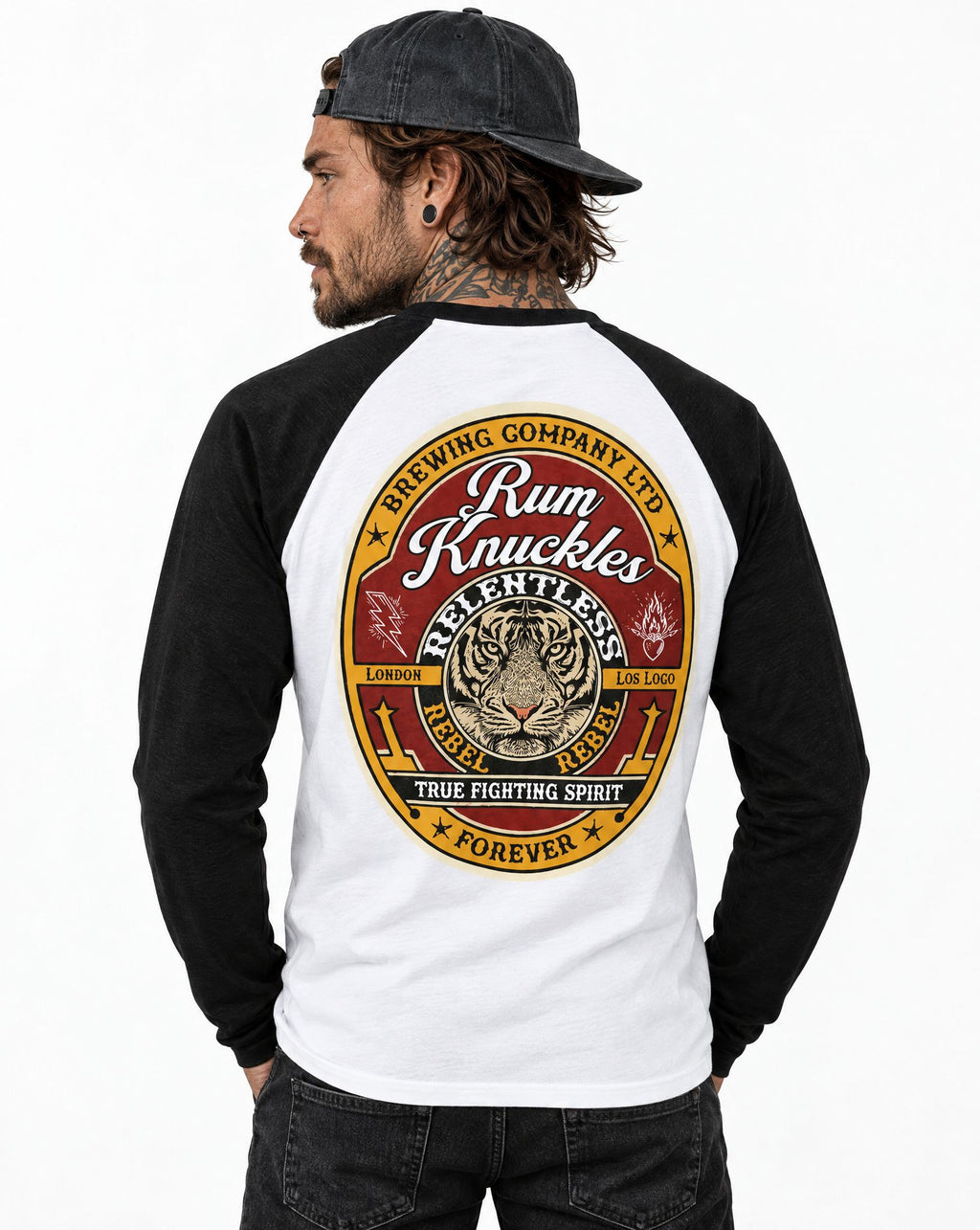 RUM KNUCKLES TRUE FIGHTING SPIRIT Baseball Tee - White/Black - model back