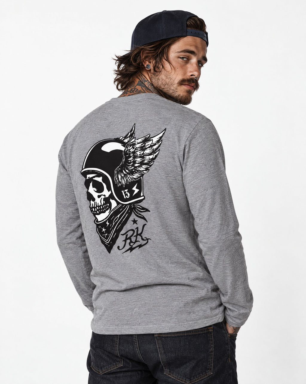 RUM KNUCKLES WINGED BIKER Long Sleeve Tee - Heather Grey - model back