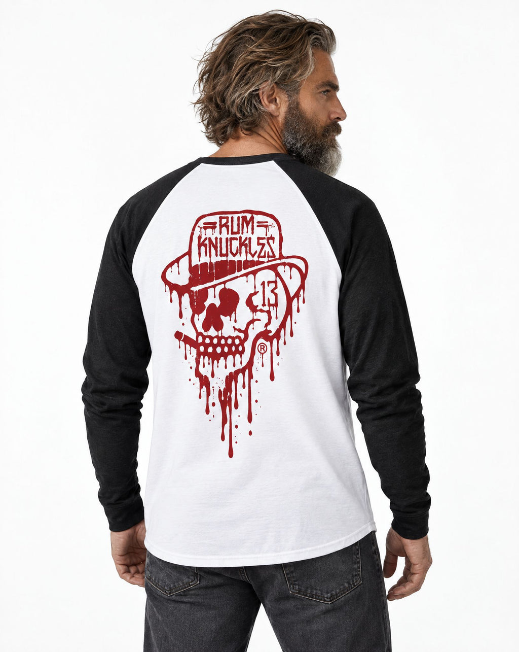 RUM KNUCKLES RK DRIP SKULL RED Baseball Tee - model back