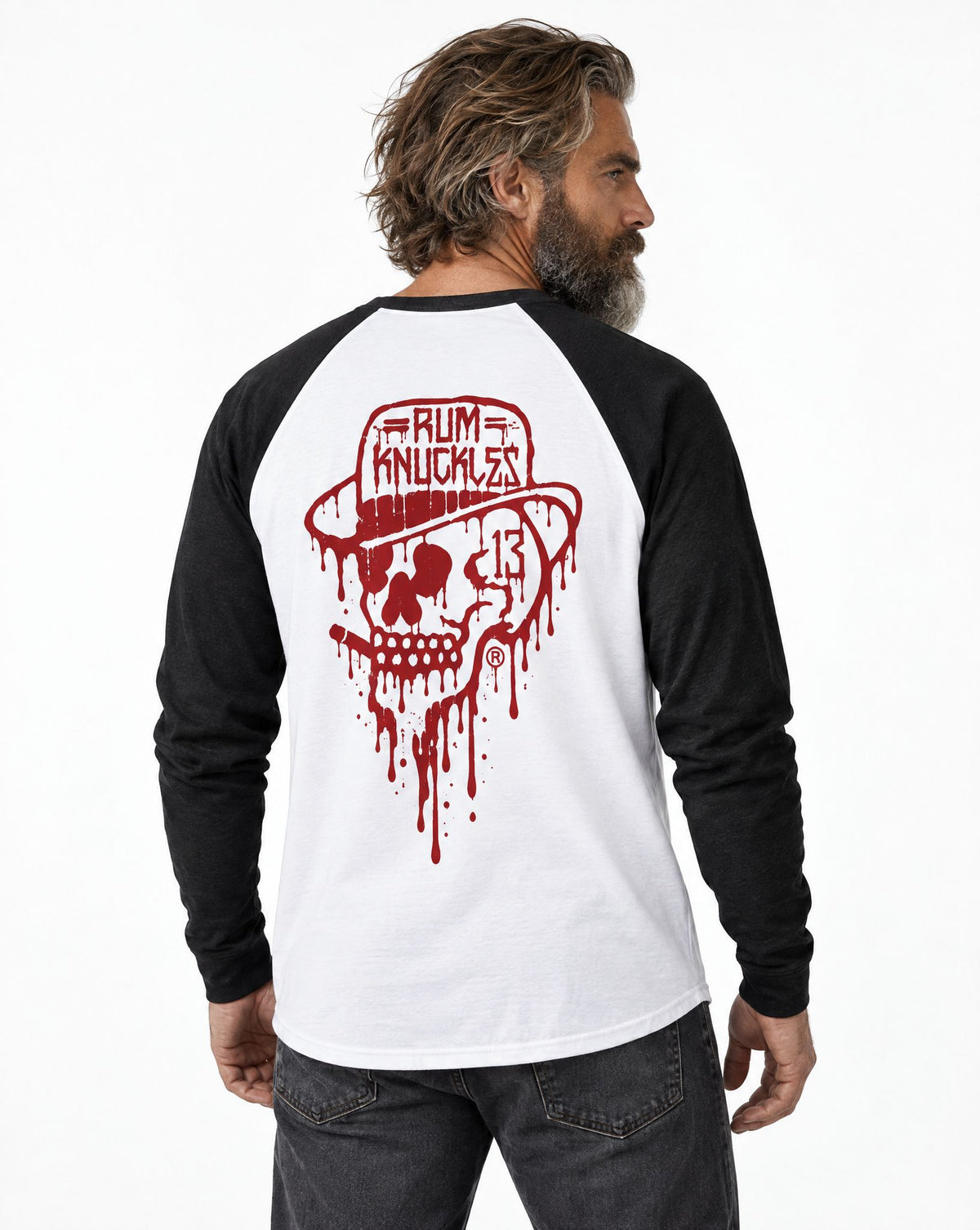RUM KNUCKLES RK DRIP SKULL RED Baseball Tee - model back