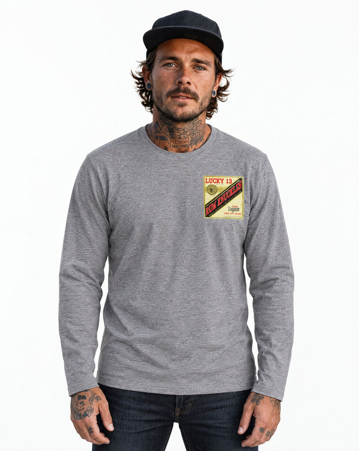 RUM KNUCKLES LIQUOR LABEL Long Sleeve Tee - Heather Grey - model front