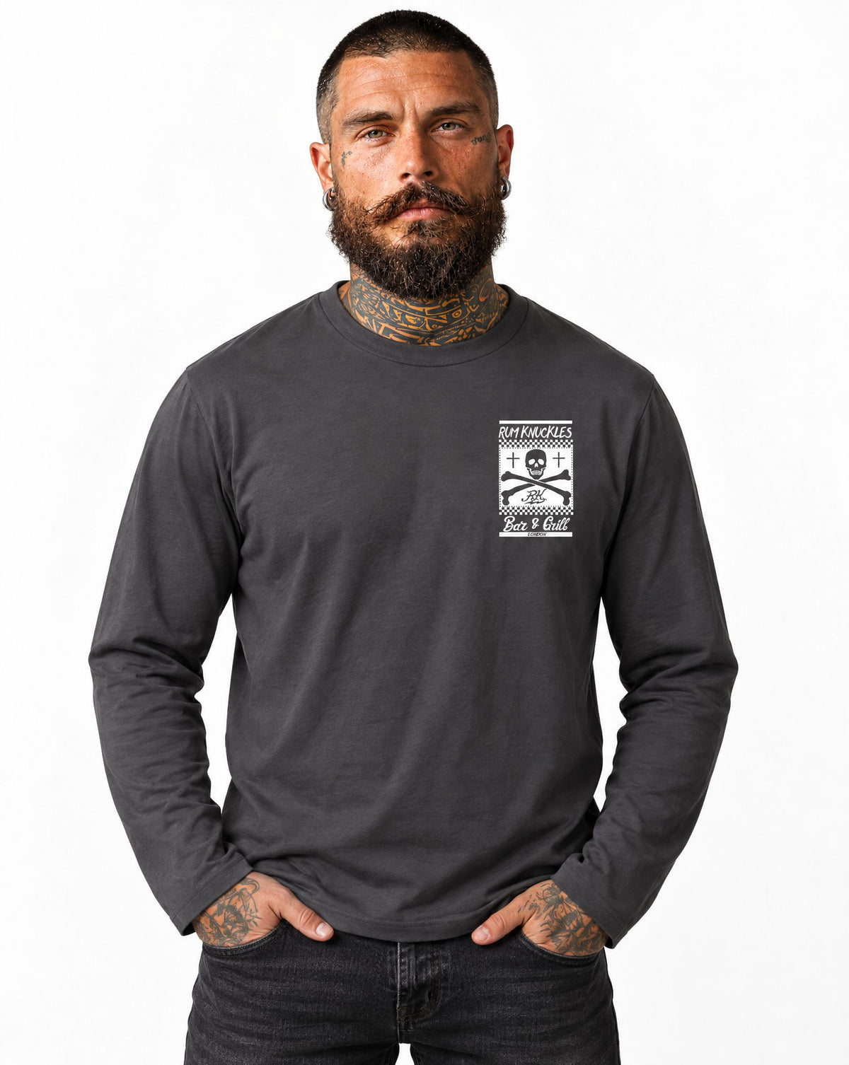 RUM KNUCKLES BAR & GRILL Long Sleeve Tee - Charcoal - model front