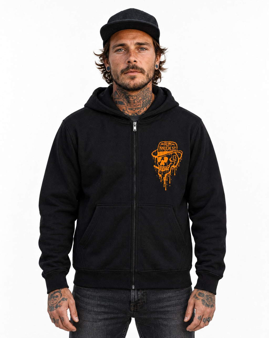 RUM KNUCKLES RK DRIP SKULL ORANGE Zip Hoodie - model front