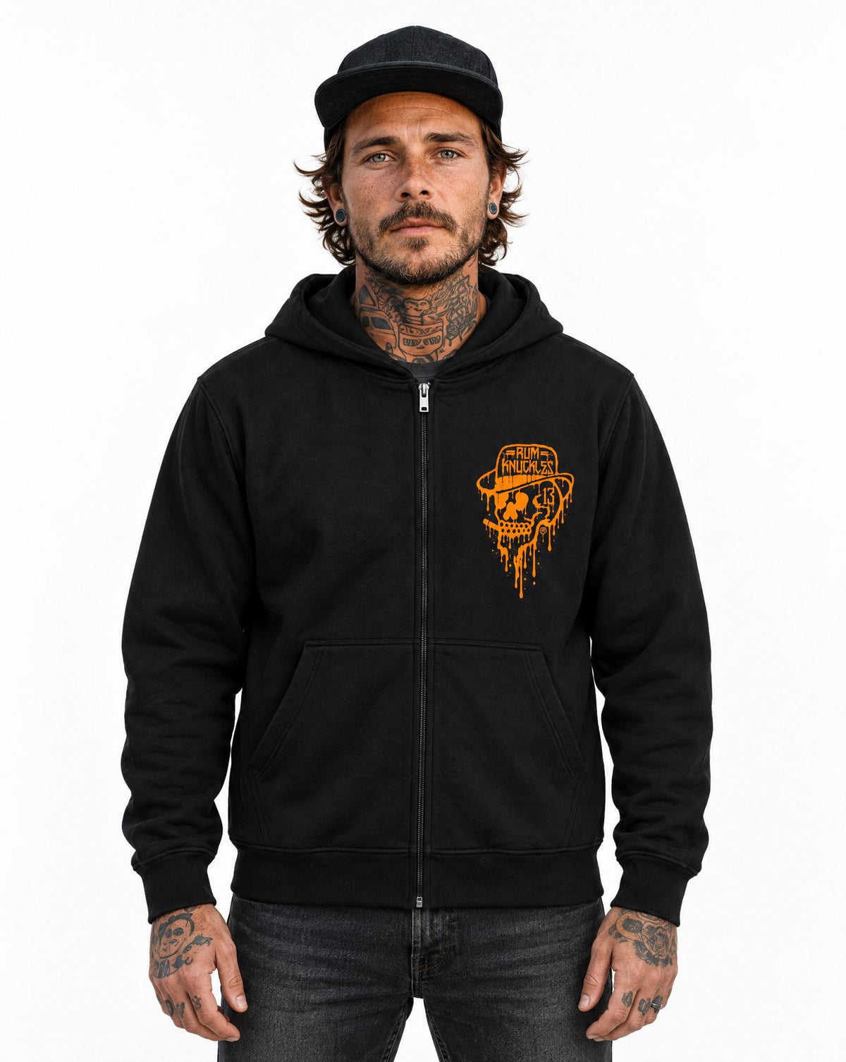 RUM KNUCKLES RK DRIP SKULL ORANGE Zip Hoodie - model front