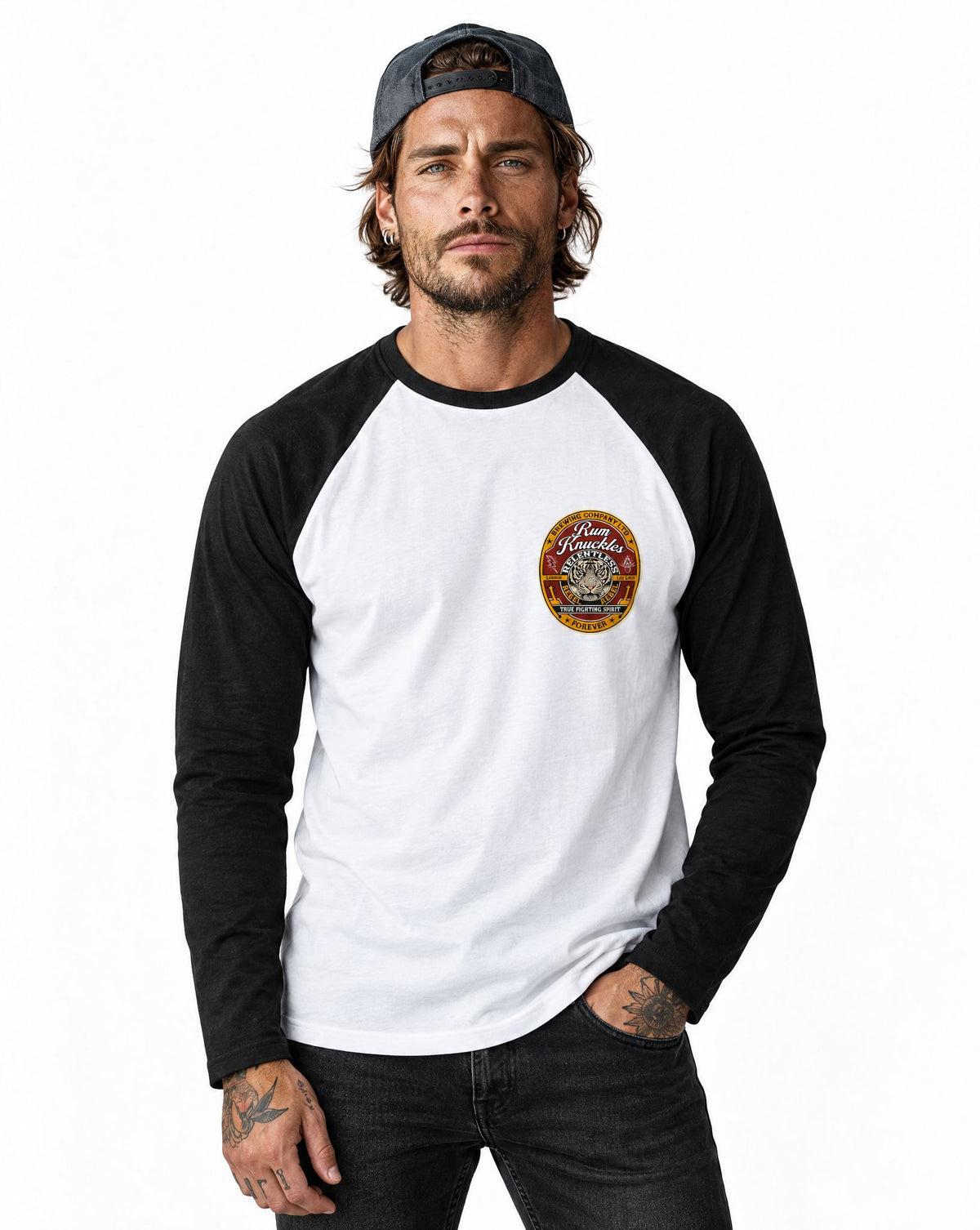 RUM KNUCKLES TRUE FIGHTING SPIRIT Baseball Tee - White/Black - model front