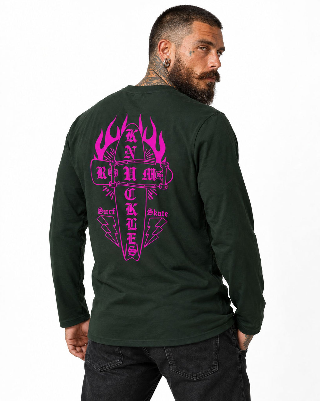 RUM KNUCKLES SKATE RATS Long Sleeve Tee - Forest Green - model back
