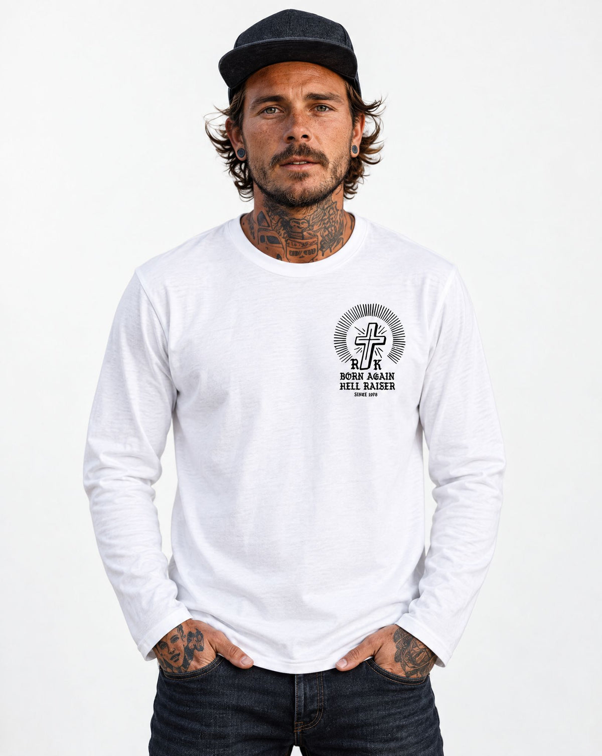 RUM KNUCKLES BORN AGAIN Long Sleeve Tee - White - model front