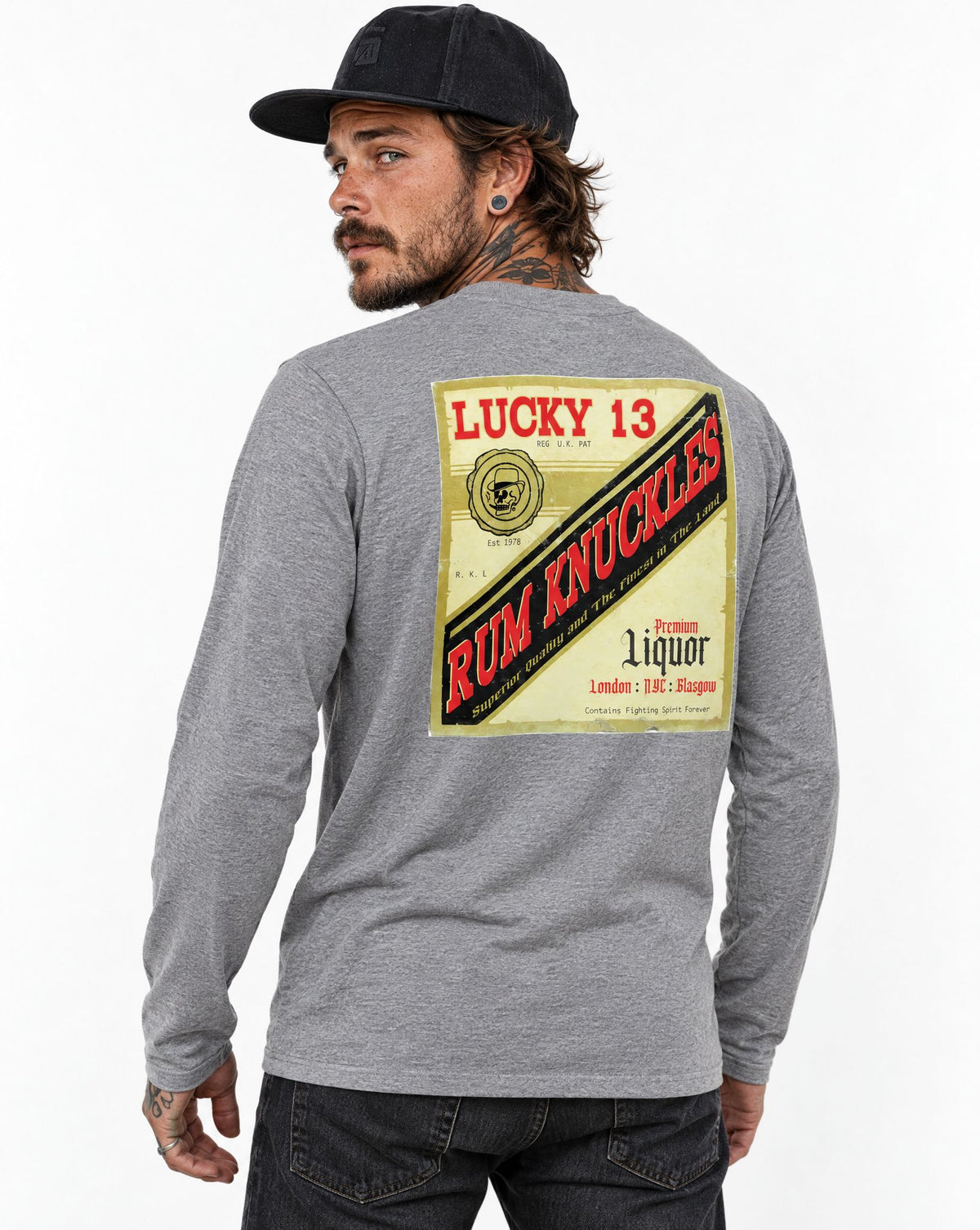 RUM KNUCKLES LIQUOR LABEL Long Sleeve Tee - Heather Grey - model back
