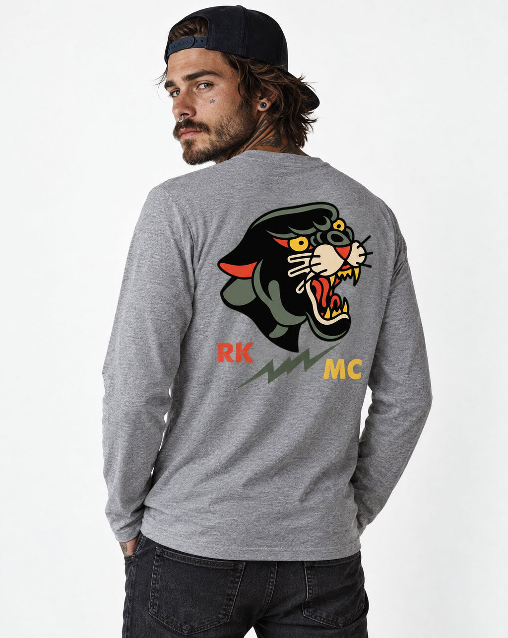 RUM KNUCKLES PANTHER MC Long Sleeve Tee - Heather Grey - model back
