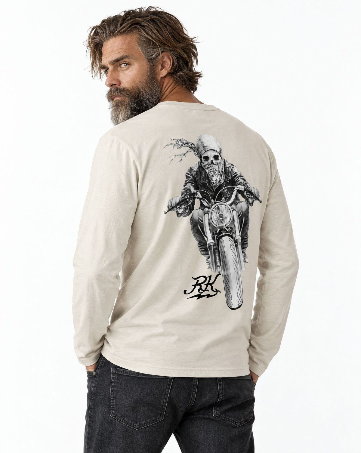 RUM KNUCKLES GHOST RIDER Long Sleeve Tee - Ecru - model back