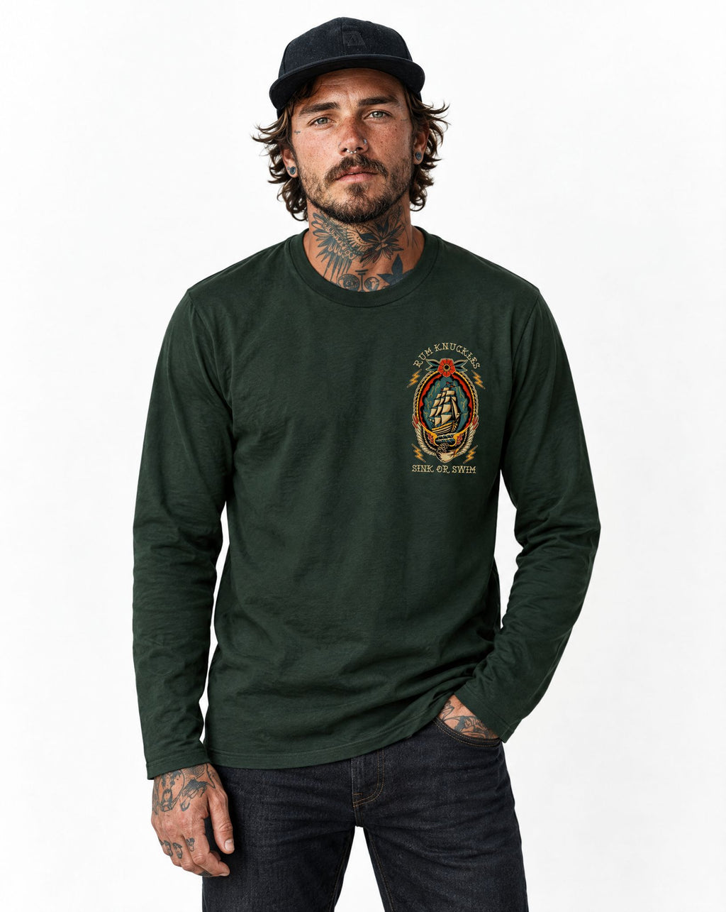 RUM KNUCKLES RK SINK OR SWIM Long Sleeve Tee - Forest Green - model front